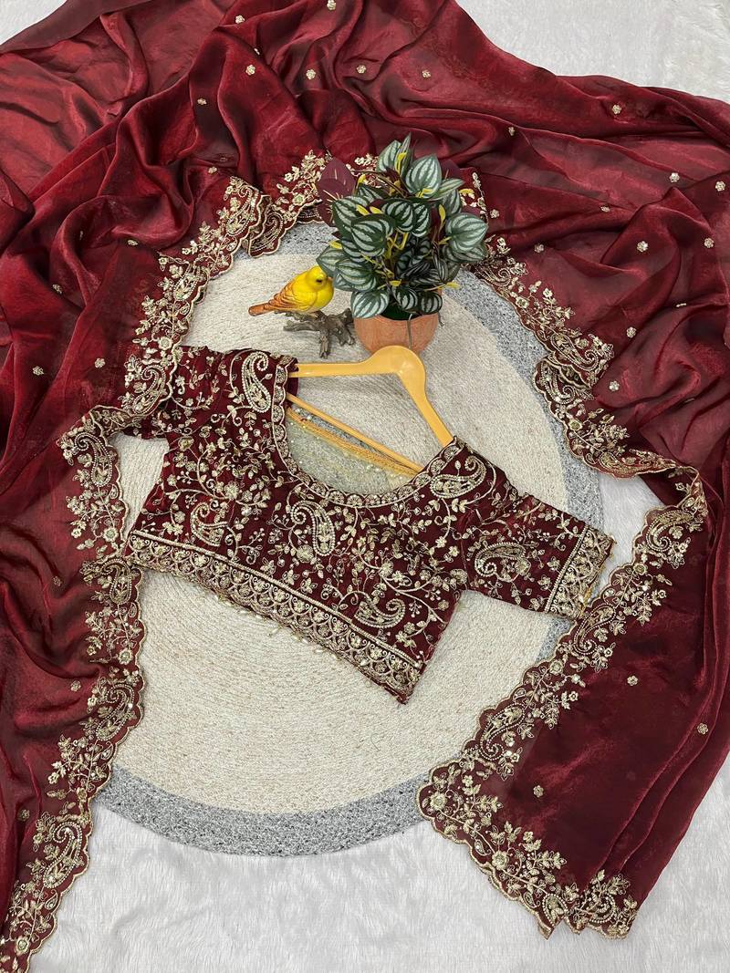 maroon color embroidered satin saree