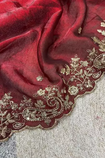 maroon color embroidered satin saree