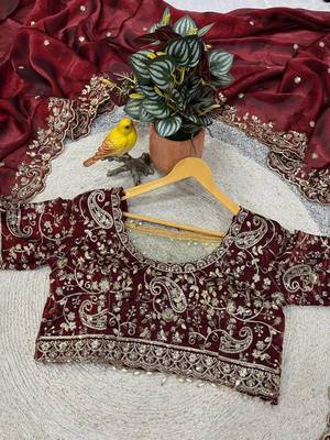 maroon color embroidered satin saree 3