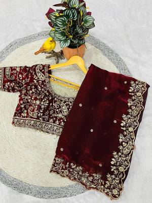 maroon color embroidered satin saree 4