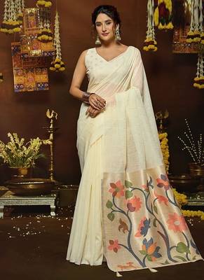 White linen sequin with jacquard pallu pom pom casual wear saree 1