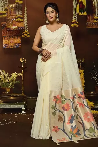 White linen sequin with jacquard pallu pom pom casual wear saree