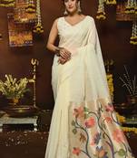 White linen sequin with jacquard pallu pom pom casual wear saree