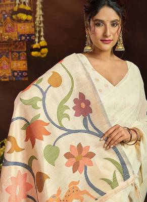 White linen sequin with jacquard pallu pom pom casual wear saree 2
