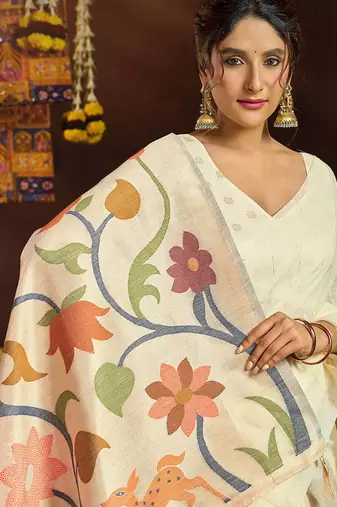 White linen sequin with jacquard pallu pom pom casual wear saree