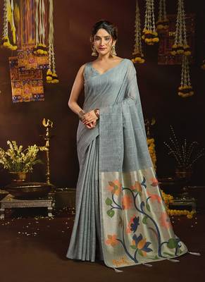 Gray linen sequin with jacquard pallu pom pom casual wear saree 1