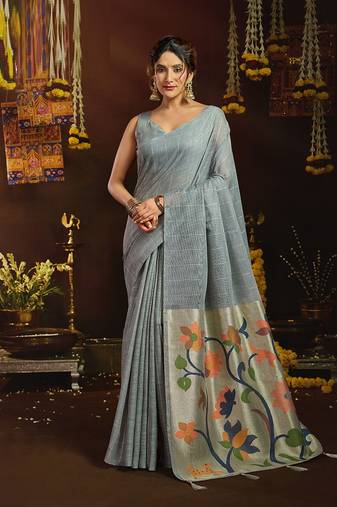 Gray linen sequin with jacquard pallu pom pom casual wear saree