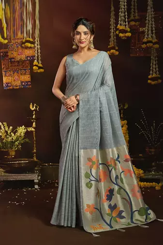 Gray linen sequin with jacquard pallu pom pom casual wear saree
