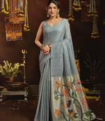 Gray linen sequin with jacquard pallu pom pom casual wear saree