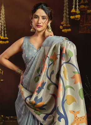 Gray linen sequin with jacquard pallu pom pom casual wear saree 2