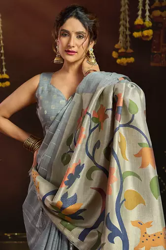 Gray linen sequin with jacquard pallu pom pom casual wear saree