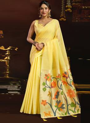Lemon linen sequin with jacquard pallu pom pom casual wear saree 1