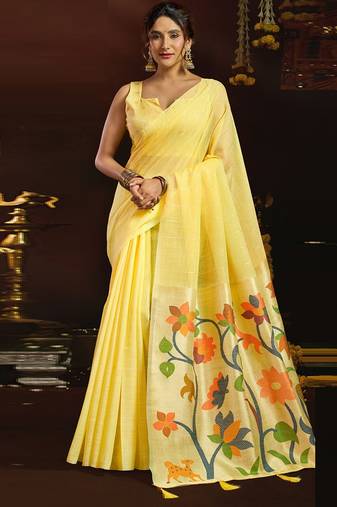 Lemon linen sequin with jacquard pallu pom pom casual wear saree