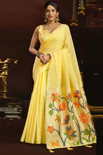 Lemon linen sequin with jacquard pallu pom pom casual wear saree