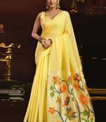 Lemon linen sequin with jacquard pallu pom pom casual wear saree