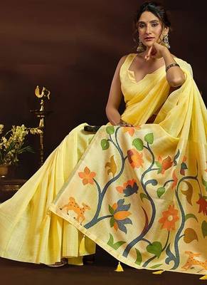 Lemon linen sequin with jacquard pallu pom pom casual wear saree 2