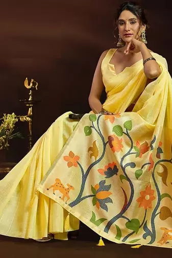 Lemon linen sequin with jacquard pallu pom pom casual wear saree