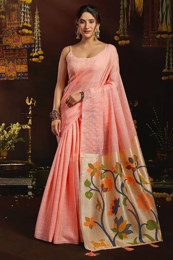 Peach linen sequin with jacquard pallu pom pom casual wear saree