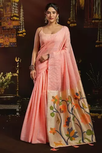 Peach linen sequin with jacquard pallu pom pom casual wear saree