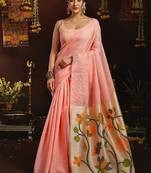Peach linen sequin with jacquard pallu pom pom casual wear saree