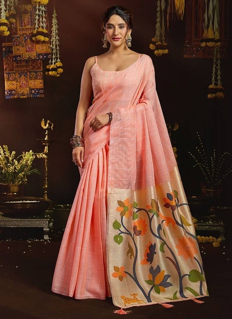 Peach linen sequin with jacquard pallu pom pom casual wear saree