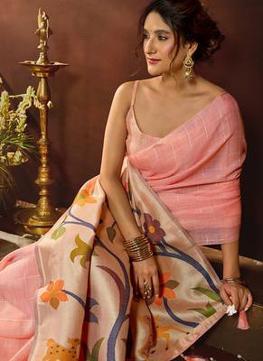 Peach linen sequin with jacquard pallu pom pom casual wear saree 2