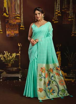 Sky blue linen sequin with jacquard pallu pom pom casual wear saree 1