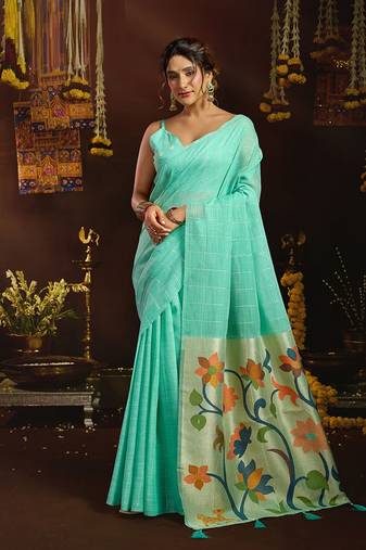 Sky blue linen sequin with jacquard pallu pom pom casual wear saree