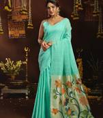 Sky blue linen sequin with jacquard pallu pom pom casual wear saree