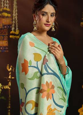 Sky blue linen sequin with jacquard pallu pom pom casual wear saree 2