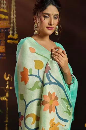 Sky blue linen sequin with jacquard pallu pom pom casual wear saree