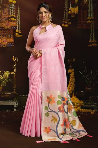 Baby pink linen sequin with jacquard pallu pom pom casual wear saree