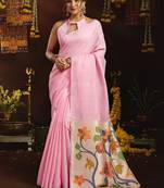 Baby pink linen sequin with jacquard pallu pom pom casual wear saree