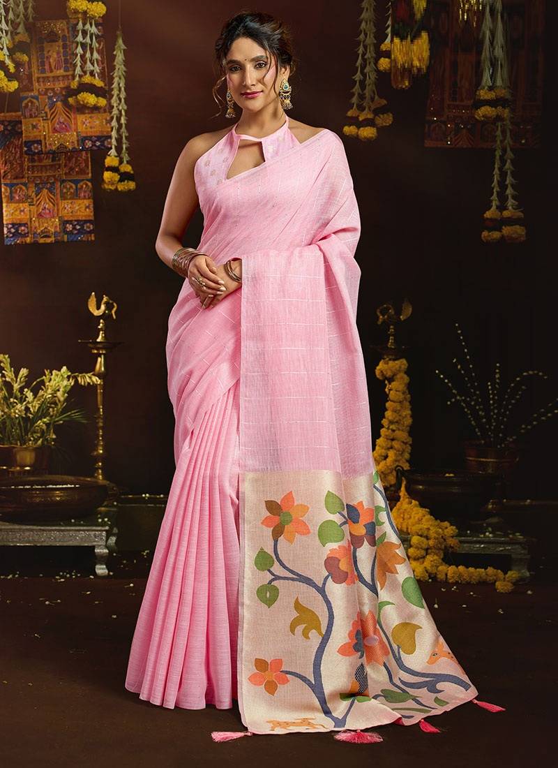 Baby pink linen sequin with jacquard pallu pom pom casual wear saree