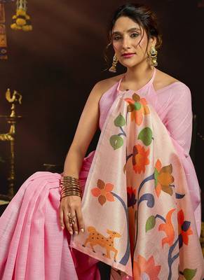Baby pink linen sequin with jacquard pallu pom pom casual wear saree 2