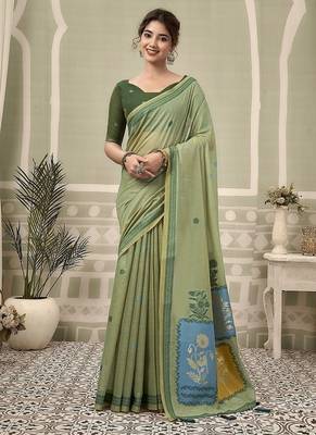 olive jamdani cotton blend texture pallu jhallar casual wear saree 1