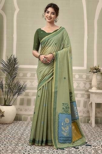 olive jamdani cotton blend texture pallu jhallar casual wear saree