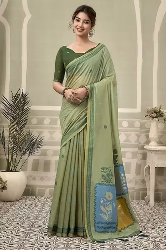 olive jamdani cotton blend texture pallu jhallar casual wear saree