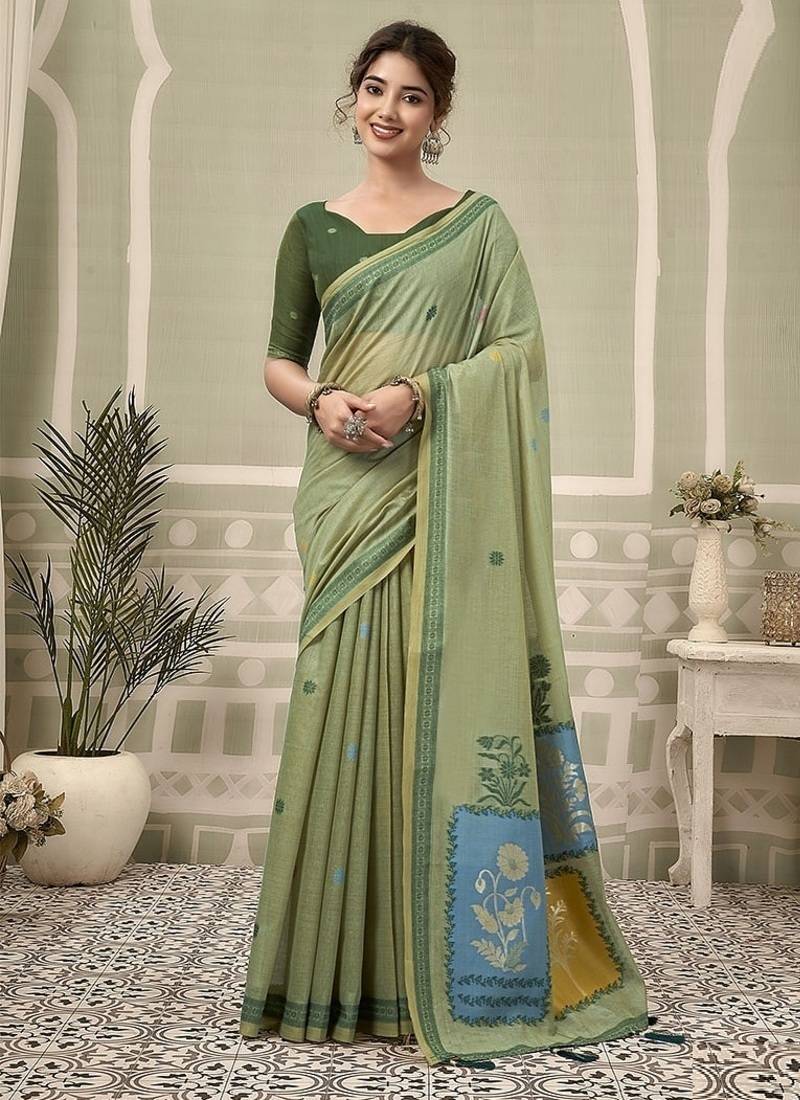 olive jamdani cotton blend texture pallu jhallar casual wear saree