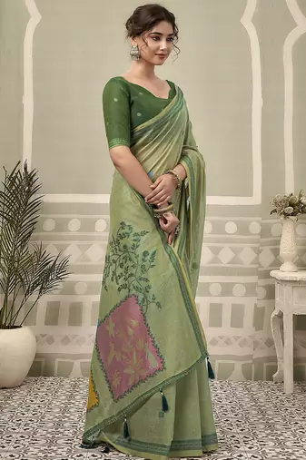 olive jamdani cotton blend texture pallu jhallar casual wear saree