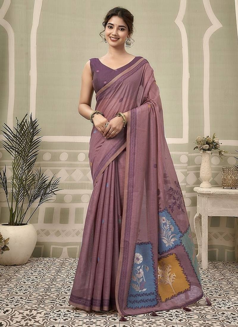 mauve jamdani cotton blend texture pallu jhallar casual wear saree