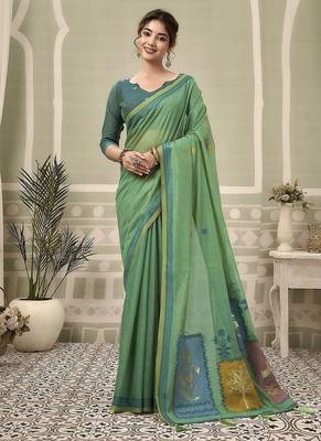 turquoise jamdani cotton blend texture pallu jhallar casual wear saree 1
