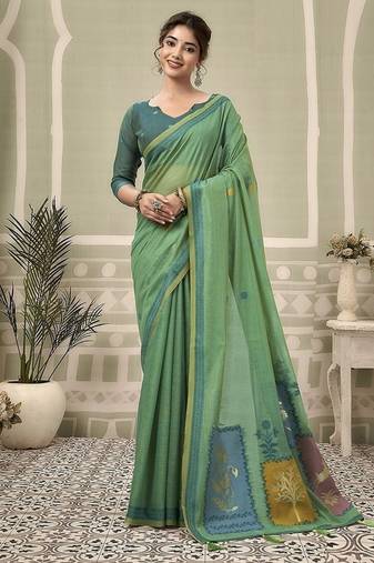 turquoise jamdani cotton blend texture pallu jhallar casual wear saree