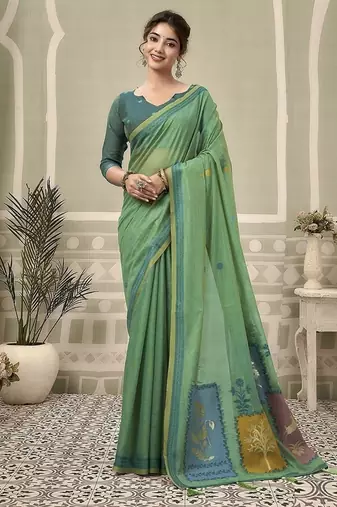 turquoise jamdani cotton blend texture pallu jhallar casual wear saree