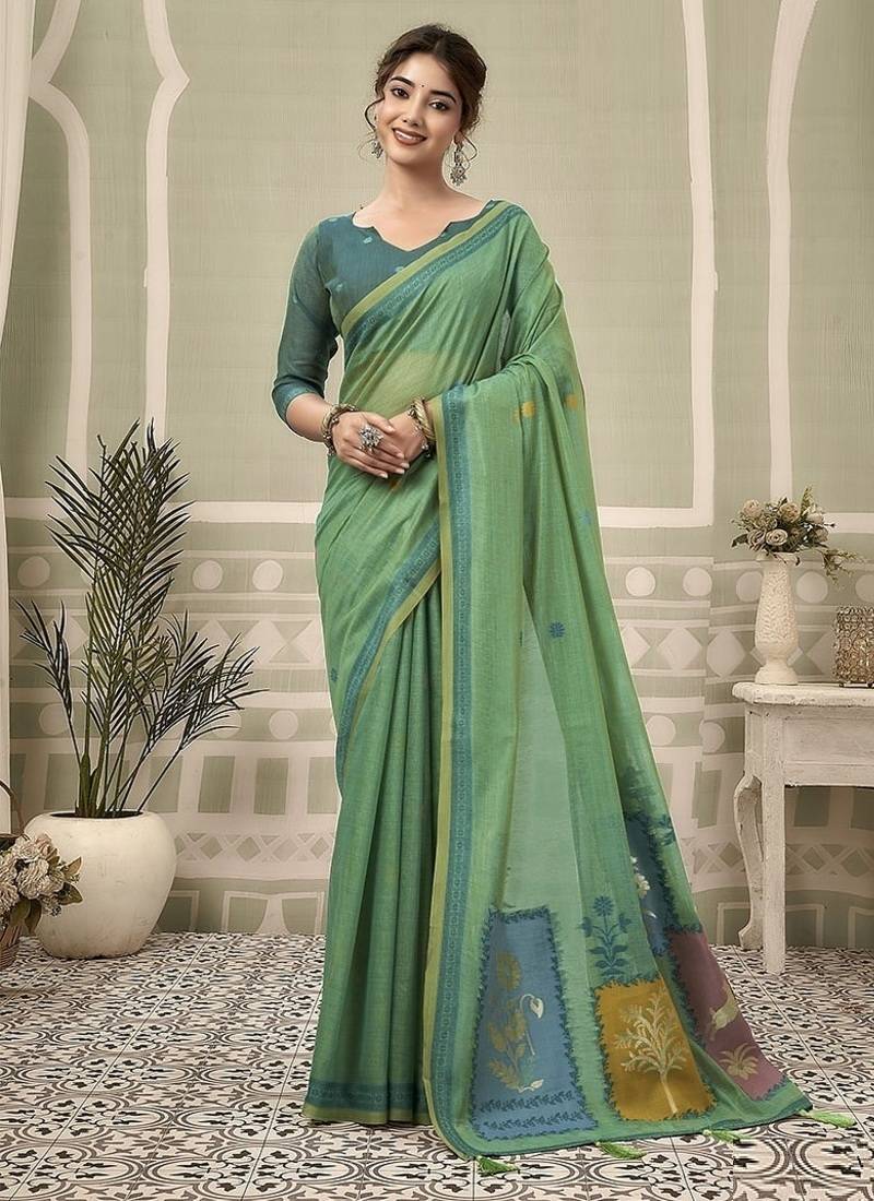 turquoise jamdani cotton blend texture pallu jhallar casual wear saree