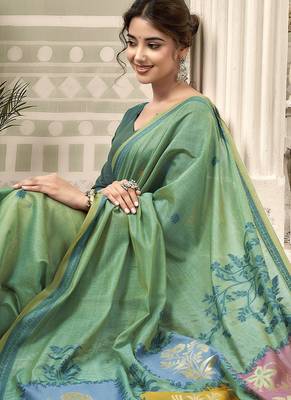 turquoise jamdani cotton blend texture pallu jhallar casual wear saree 2