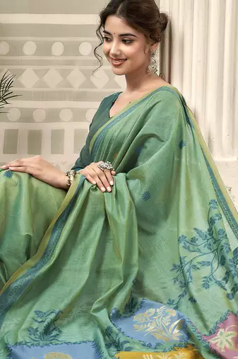 turquoise jamdani cotton blend texture pallu jhallar casual wear saree