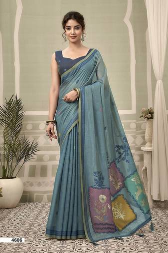 steel blue jamdani cotton blend texture pallu jhallar casual wear saree