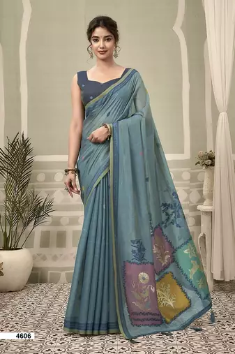 steel blue jamdani cotton blend texture pallu jhallar casual wear saree