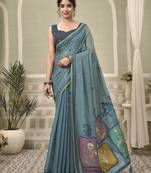 steel blue jamdani cotton blend texture pallu jhallar casual wear saree